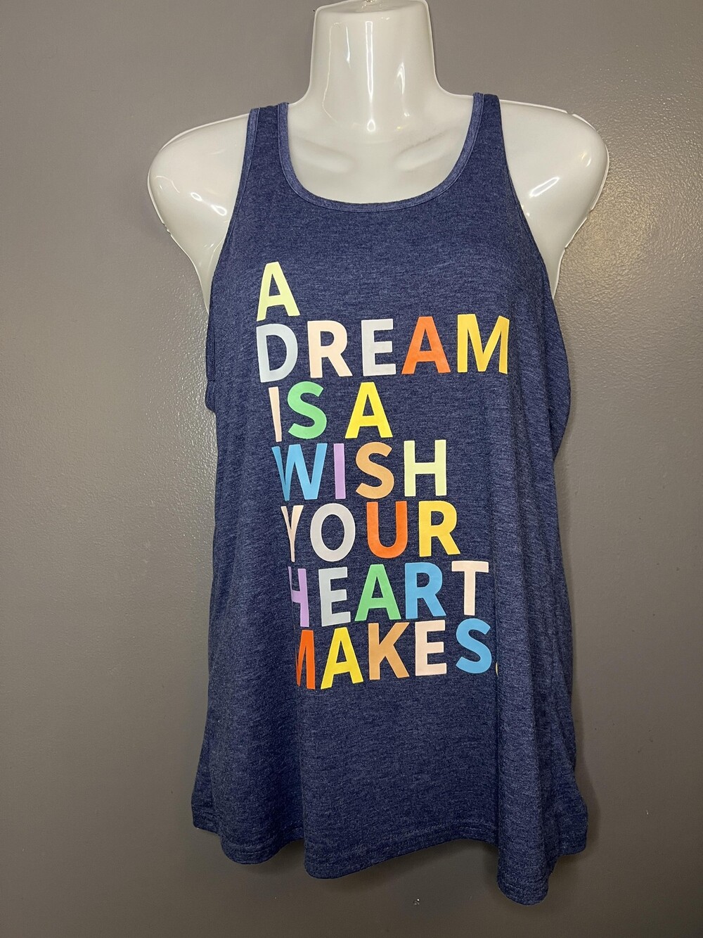 A Dream Is A Wish Your Heart Makes Tank Top Womens Medium Blue Racerback Graphic